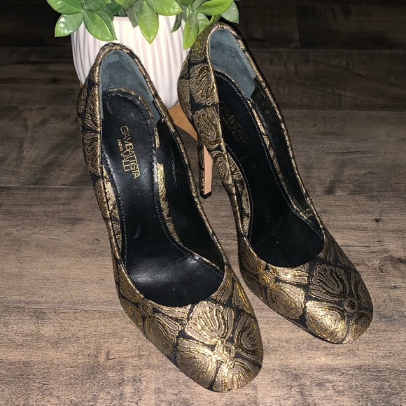 NWT GIAMBATTISTA VALLI GOLD JACQUARD FABRIC STILETTO - Picture 2 of 10